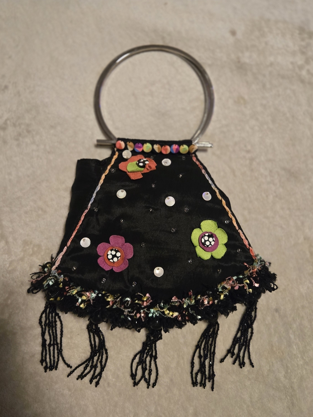 Mary Frances Black Floral Embroidered Fringe Wristlet Bag